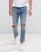 Bershka Skinny Tapered Jeans In Mid Wash - Blue
