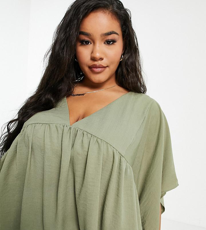Asos Design Curve V Neck Smock Tee In Khaki-green
