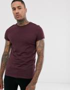 Asos Design T-shirt With Crew Neck And Roll Sleeve In Burgundy-red