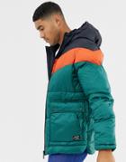 Pull & Bear Puffer Jacket With Color Blocking In Green - Green