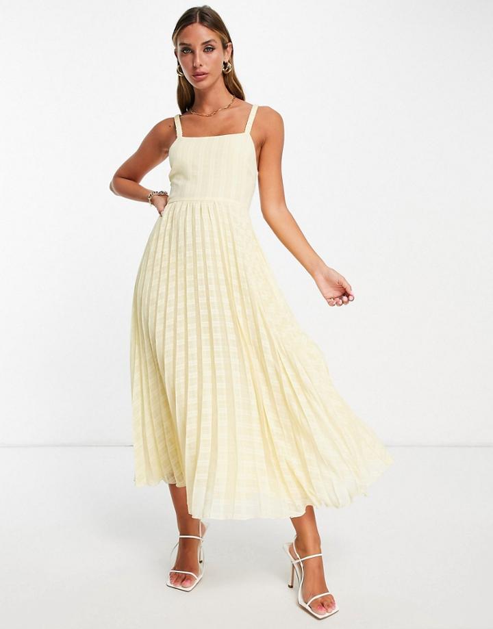 Asos Design Elastic Tie Back Pleated Midi Dress In Yellow
