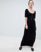 Asos Design Mixed Fabric Maxi Dress With Tortoiseshell Buttons - Black
