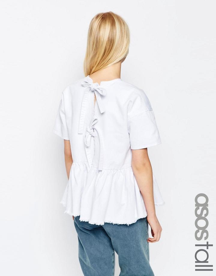 Asos Tall Denim Top With Tie Back And Raw Hem Peplum In White - White