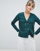 Boohoo Button Front Polka Dot Blouse In Green - Multi
