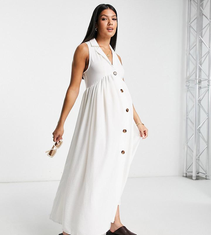 Asos Design Maternity Collared Button Through Midi Smock Dress In White