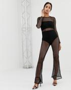 Asos Design Jumpsuit With Highneck And Flare Leg In Mesh-black