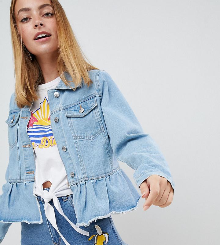 Brave Soul Petite Kennedy Denim Jacket With Frill Hem - Blue
