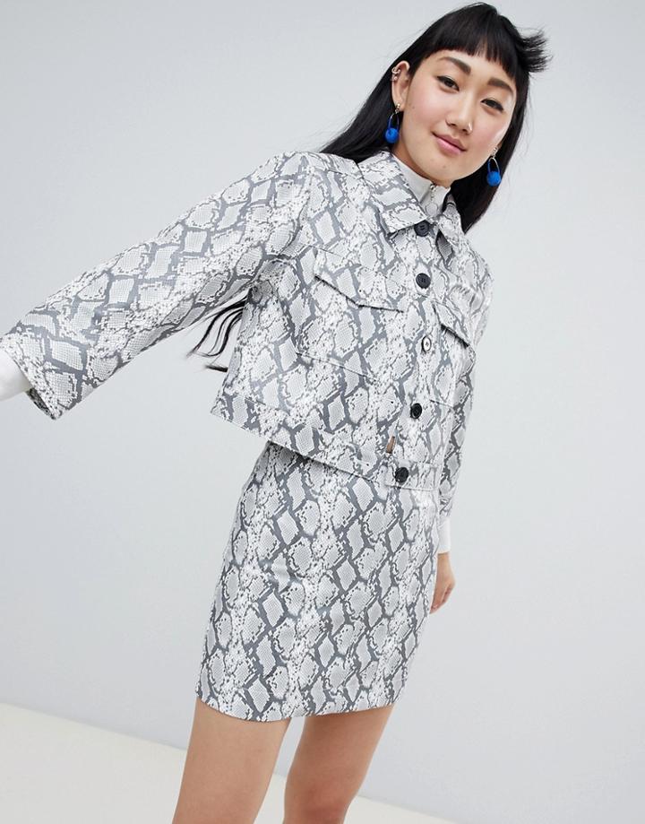 Monki Faux Leather Snake Print Jacket In Gray - Gray