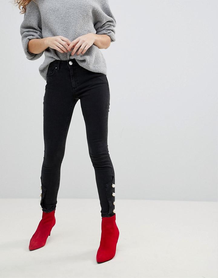 Asos Lisbon Skinny Mid Rise Jeans In Washed Black With Pearl Hem
