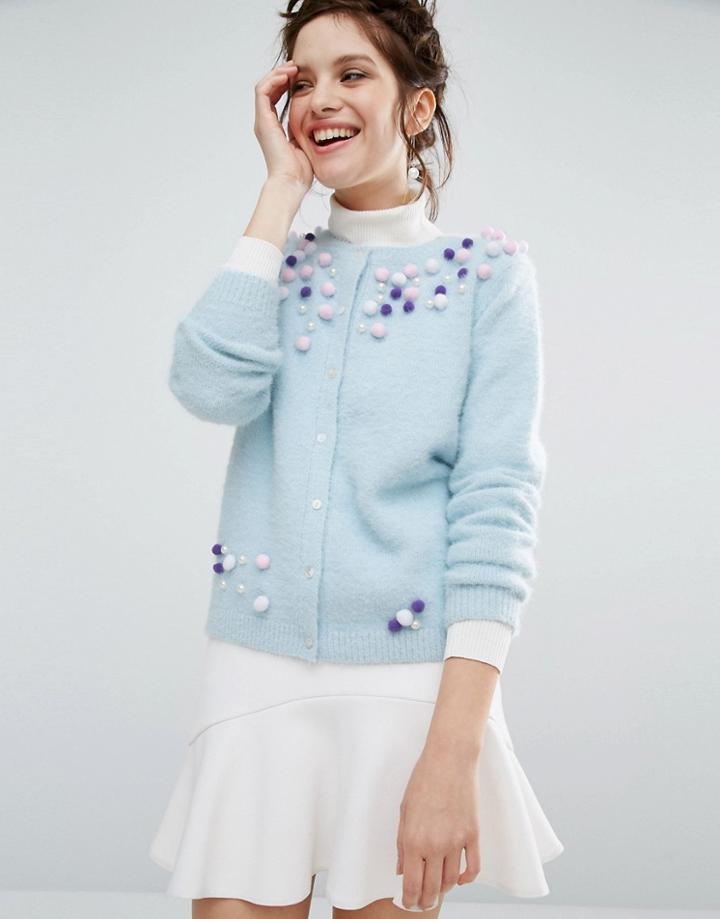 Willow And Paige Cardigan With Pom Pom Trims - Blue