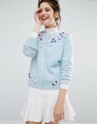 Willow And Paige Cardigan With Pom Pom Trims - Blue
