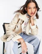 Topshop Faux Shearling Aviator Jacket With Faux Fur Lining In Cream-white