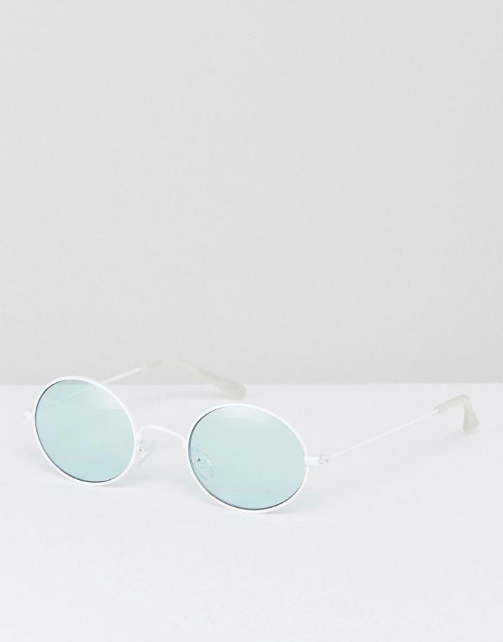 Asos Oval Sunglasses In White With Light Turquoise Lens - White