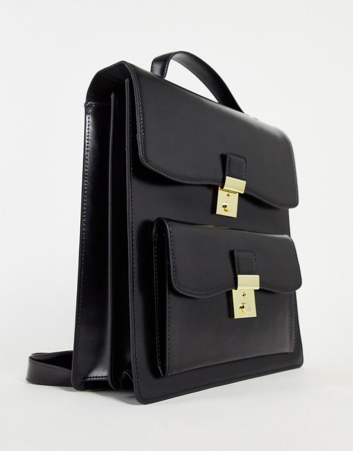 Asos Design Premium Leather Backpack With Pocket Detail In Black