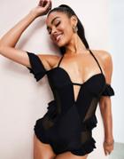 Asos Luxe V-wire Textured Mesh Swimsuit With Ruffles In Black