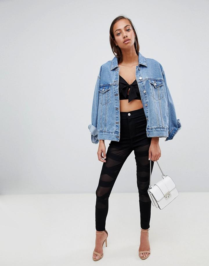 Asos Design Rivington High Waist Denim Jeggings In Clean Black With Mesh Panel Bandage Detail