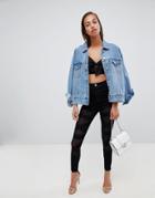 Asos Design Rivington High Waist Denim Jeggings In Clean Black With Mesh Panel Bandage Detail