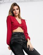 Vesper Drape Plunge Front Long Sleeve Crop Top In Deep Raspberry-red