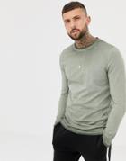 Asos Design Longline Long Sleeve T-shirt In Pigment Wash In Khaki - Green