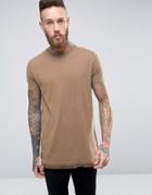 Asos Longline T-shirt With Tassel Fringe Hem In Brown - Brown