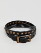 Asos Design Double Wrap Leather Bracelet With Studs - Black