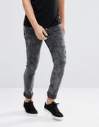 Asos Super Skinny Jeans In Vintage Washed Black With Rip And Repair - Black