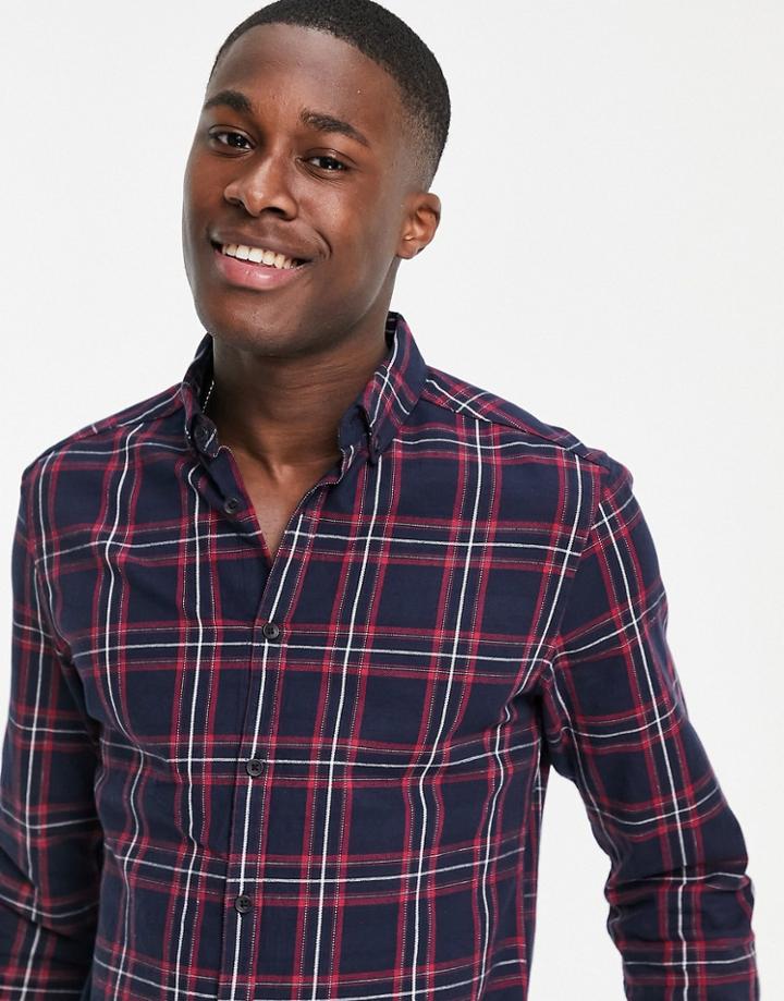Asos Design Stretch Slim Fit Check Shirt In Navy