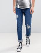 Zeffer Stretch Skinny Ripped Jeans In Mid Indigo Wash - Blue