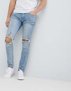 Liquor & Poker Washed Mid Blue Knee Rips Chain Skinny Jeans - Blue