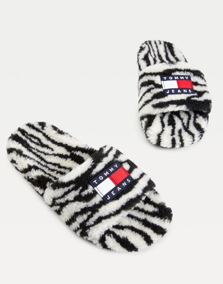 Tommy Jeans Fluffy Slides In Zebra Print-white