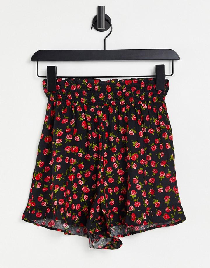 Miss Selfridge Shirred Waist Short In Rose Print-black