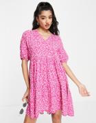 Pieces V-neck Puff Sleeve Mini Dress In Bright Pink Retro Floral-multi