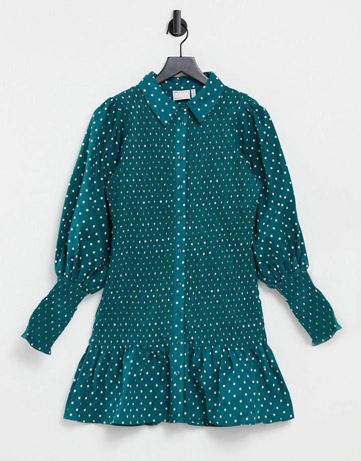 Asos Design Shirred Mini Shirt Dress In Spot Print-multi