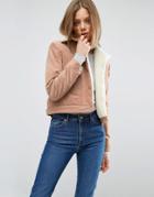 Asos Crop Velveteen Jacket In Pale Pink With Fleece Collar - Pink