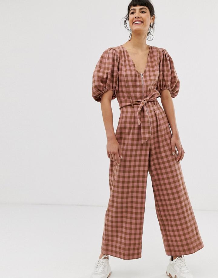 Asos Design Puff Sleeve Pink Check Jumpsuit With Zip Front