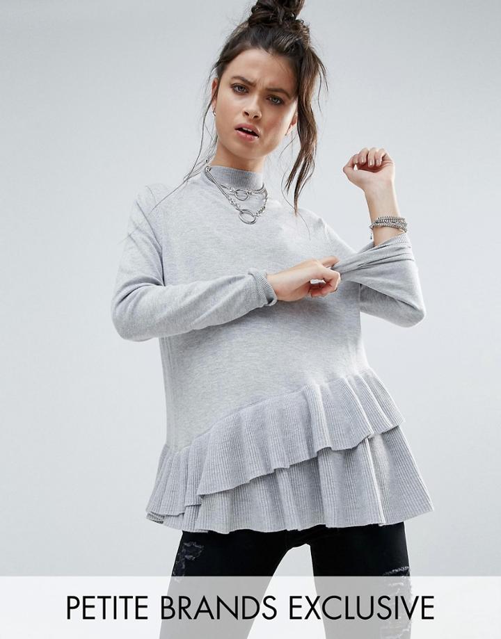 Noisy May Petite Funnel Neck Ruffle Hem Knit Sweater - Gray