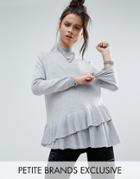 Noisy May Petite Funnel Neck Ruffle Hem Knit Sweater - Gray
