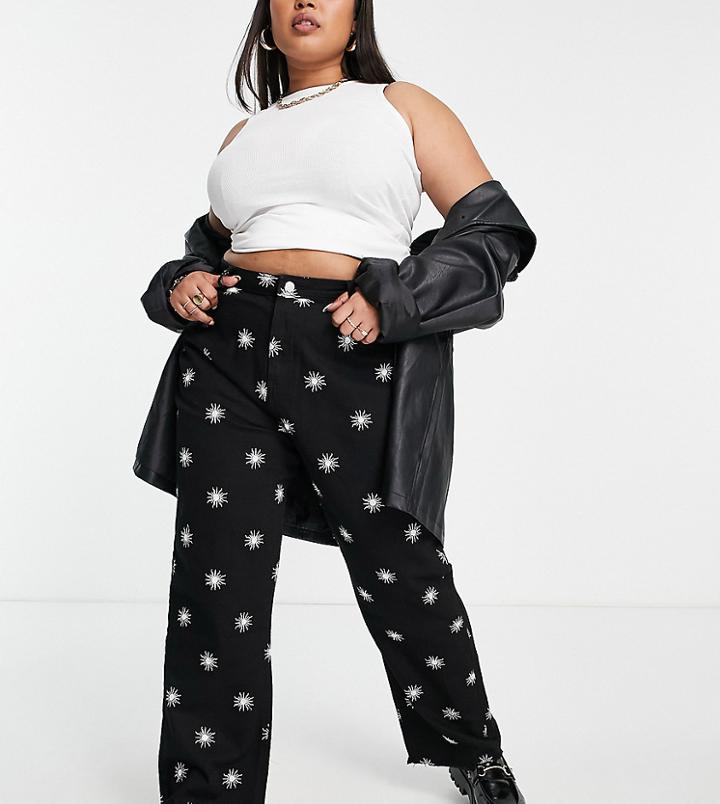 Neon Rose Plus Relaxed Straight Leg Jeans In Celestial Embroidery-black