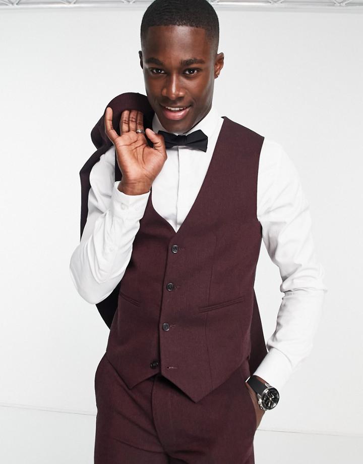 Asos Design Skinny Wool Mix Suit Vest In Basketweave Texture In Burgundy-red