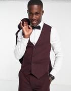 Asos Design Skinny Wool Mix Suit Vest In Basketweave Texture In Burgundy-red