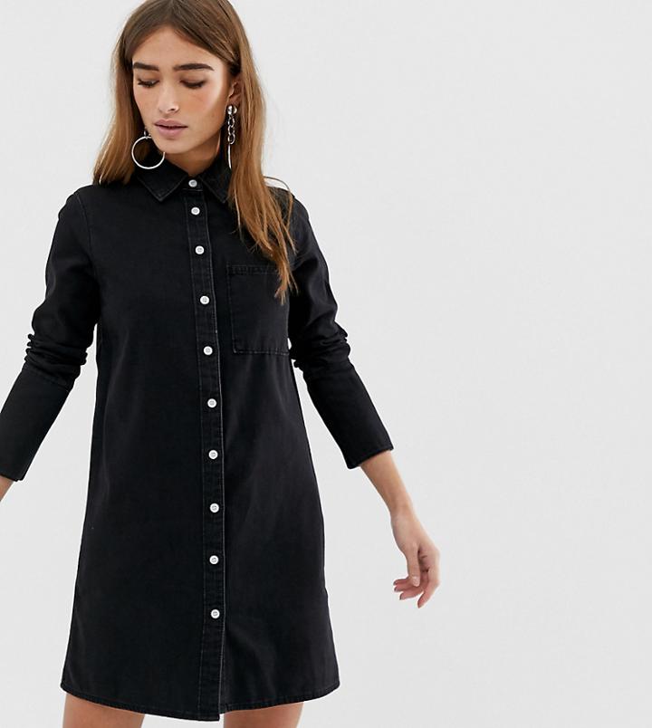 Asos Design Petite Denim Shirt Dress In Black - Black