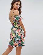 Asos Cold Shoulder Sundress With Frill Detail In Tropical Print - Multi