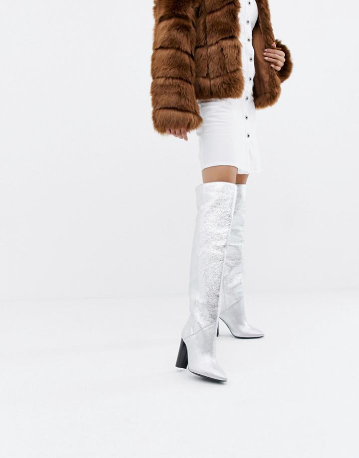 Morgan Leather Over The Knee Boot In Silver