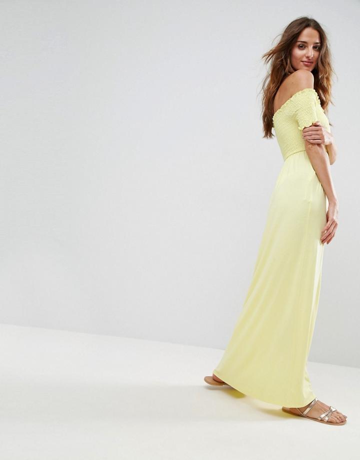 Asos Off Shoulder Maxi Sundress With Shirring - Yellow