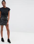 Only Leather Look Biker Skirt With Zips - Black