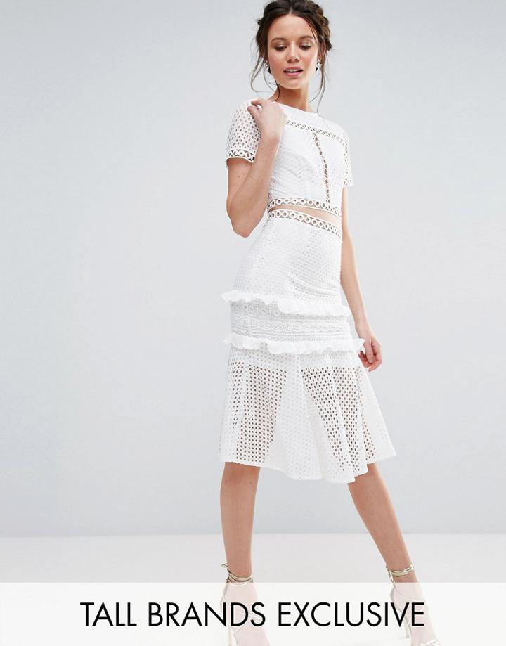 True Decadence Tall Cutout Lace Dress With Frill Hem - White