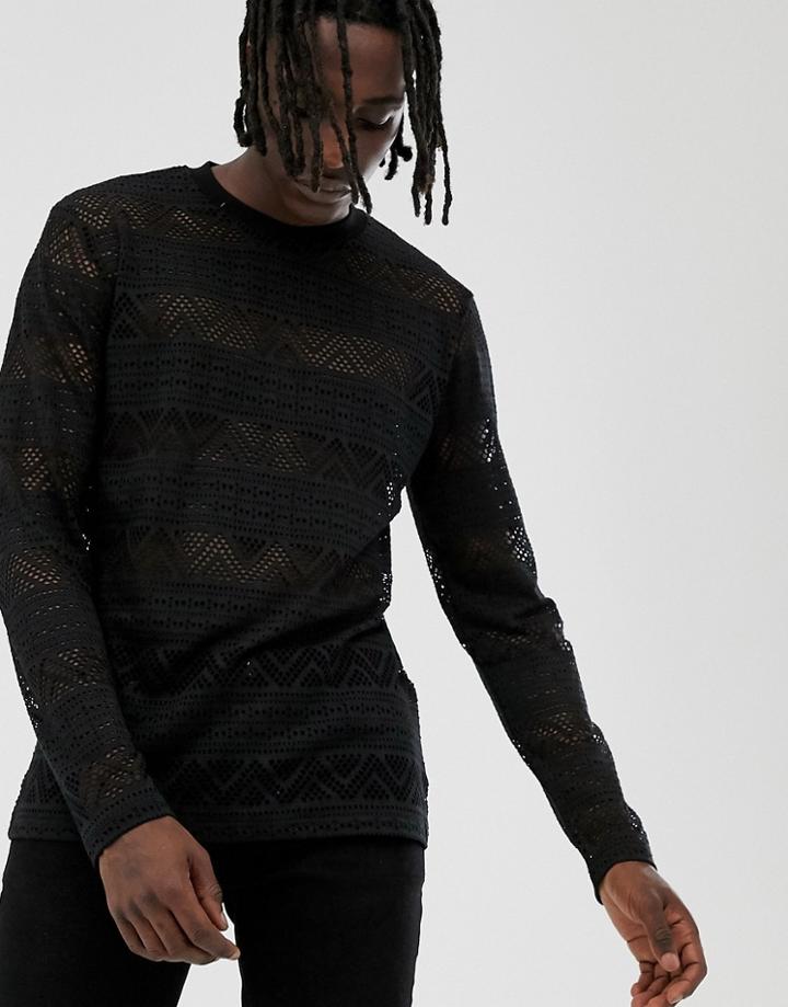 Asos Design Long Sleeve T-shirt In Geo Mesh In Black