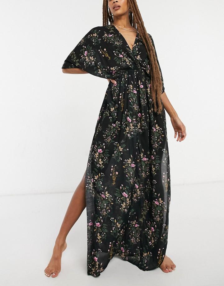Asos Design Drape Maxi Beach Dress In Grunge Floral Print-multi