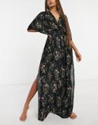 Asos Design Drape Maxi Beach Dress In Grunge Floral Print-multi