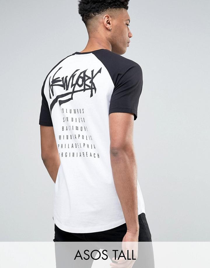 Asos Tall Longline T-shirt With New York Back Print And Contrast Raglan - White